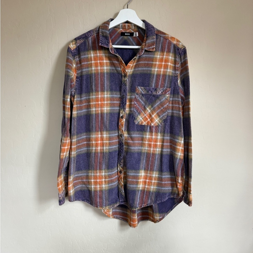 BDG Urban Outfitters Casual Button Down Flannel Shirt Purple Orange Plaid Large